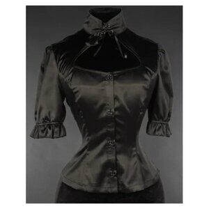 Goth Corset Lace Ribbon Short Sleeved Satin Keyhole Blouse